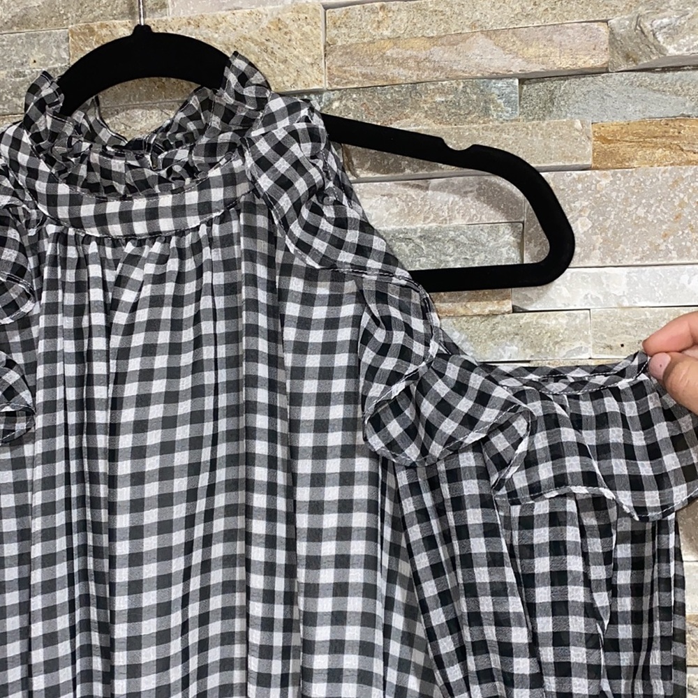 Black Checkered Ruffle Shoulder Cut Out Blouse